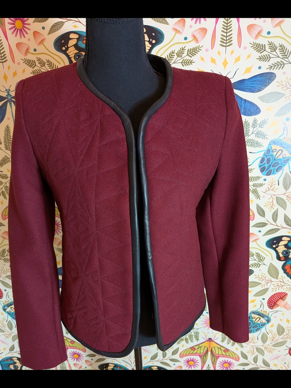 Sandro Women's Burgundy Open-Front Quilted Jacket, Size 38